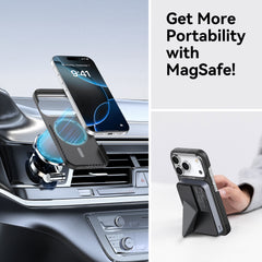 The Raptic Geotik Aramid Case for iPhone 17 Series is shown with a MagSafe car mount and kickstand wallet, showcasing military-grade protection and portability. Text reads, 