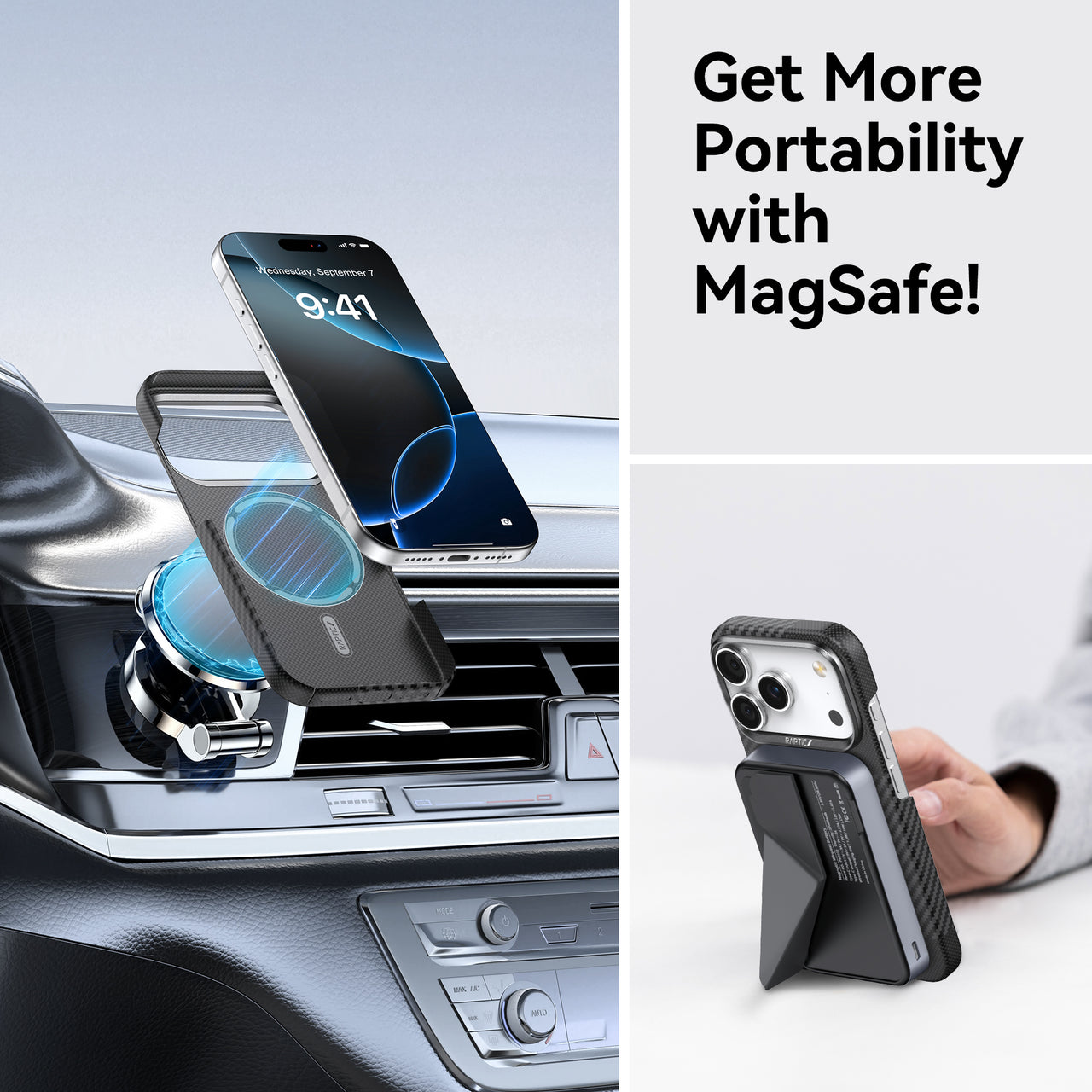 The Raptic Geotik Aramid Case for iPhone 17 Series is shown with a MagSafe car mount and kickstand wallet, showcasing military-grade protection and portability. Text reads, 