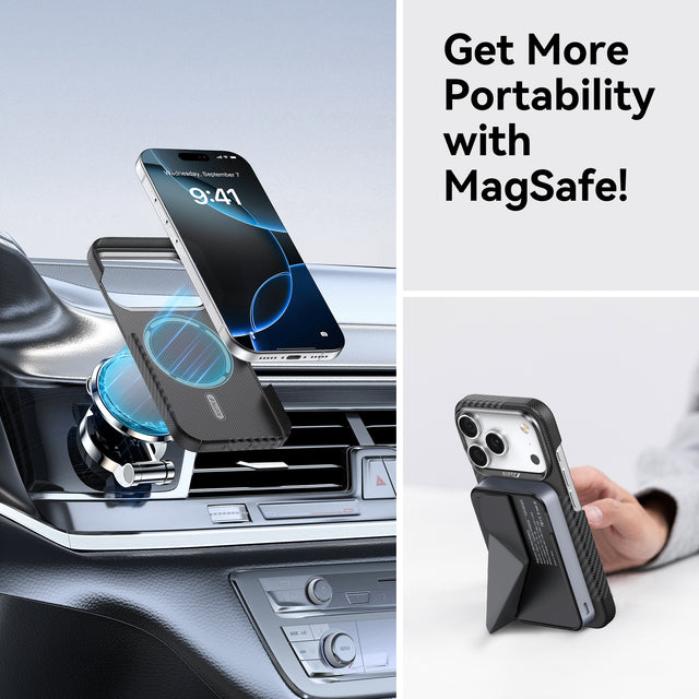 The Raptic Geotik Aramid Case for iPhone 17 Series is shown with a MagSafe car mount and kickstand wallet, showcasing military-grade protection and portability. Text reads, 