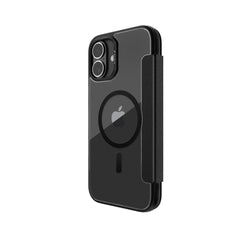 A clear smartphone case with black edges and a circular design on the back, compatible with MagSafe technology, ideal for the iPhone 16. This Raptic Urban Folio Wallet Case is shown standing upright on its back.