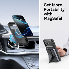 The Raptic Aramid iPhone 17 Aramid Fibre 600D case attaches magnetically to car vent mounts and portable stands, showcasing MagSafe portability features.