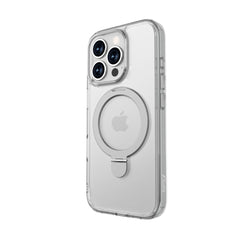 The iPhone 16 Clear Kickstand Case - Air Stand by Raptic features a circular ring stand and kickstand functionality, perfectly fitted on an iPhone with triple camera lenses on the back. The Apple logo is visible through the anti-yellow case, which also boasts MagSafe compatibility.