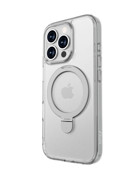 The iPhone 16 Clear Kickstand Case - Air Stand by Raptic features a circular ring stand and kickstand functionality, perfectly fitted on an iPhone with triple camera lenses on the back. The Apple logo is visible through the anti-yellow case, which also boasts MagSafe compatibility.