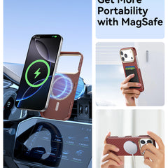 The Raptic iPhone 17 Aramid Fibre Case - Raptic Skin-Origin adds portability with MagSafe, shown mounted on a car dashboard, held in hand with cards stored in back, and used horizontally. Get more from your phone!.