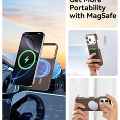 Experience ultimate portability with the Raptic Skin-Origin iPhone 17 Aramid Fibre Case—an ultra-light, military-grade MagSafe case that secures your phone on a car mount, fridge, or in hand. Text: 