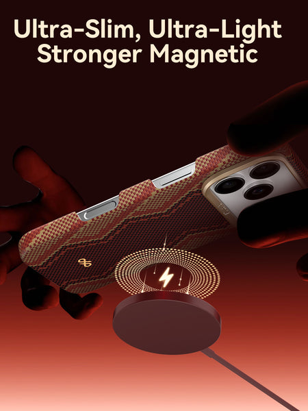 Close-up of the Raptic Skin-Origin iPhone 17 Aramid Fibre Case held above a MagSafe-compatible charger, featuring text: 