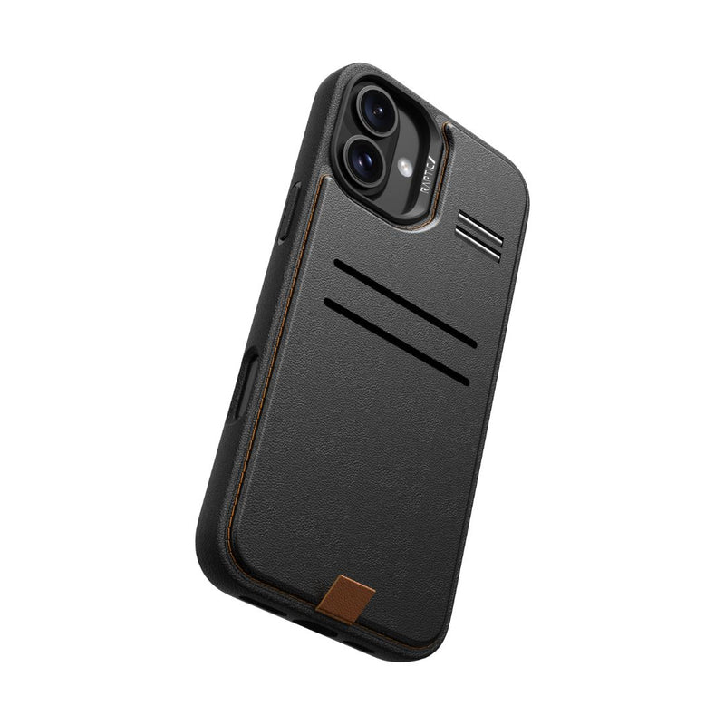 Introducing the Raptic iPhone 16 Wallet Kickstand Case—a sleek black smartphone case featuring slim card slots on the back designed to hold two cards, a precise camera cutout, and integrated MagSafe technology.