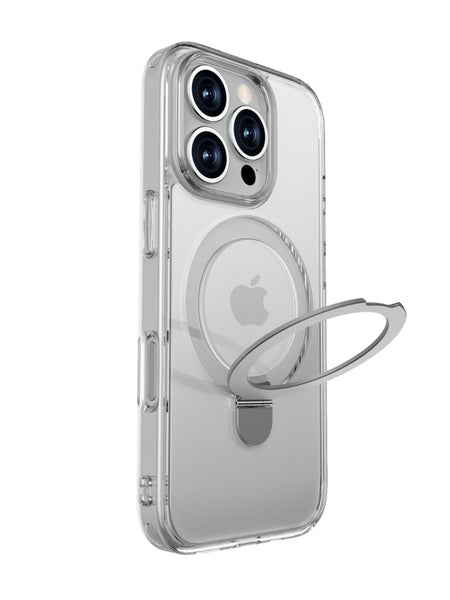 Introducing the iPhone 16 Clear Kickstand Case - Air Stand by Raptic, a sleek case featuring a ring holder that accommodates phones with three camera lenses and showcases the Apple logo on the back. This case offers MagSafe compatibility for seamless charging and includes an anti-yellow coating to ensure it remains pristine over time.