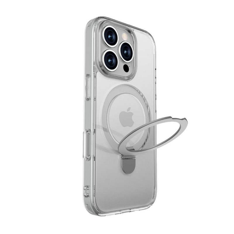 Introducing the iPhone 16 Clear Kickstand Case - Air Stand by Raptic, a sleek case featuring a ring holder that accommodates phones with three camera lenses and showcases the Apple logo on the back. This case offers MagSafe compatibility for seamless charging and includes an anti-yellow coating to ensure it remains pristine over time.