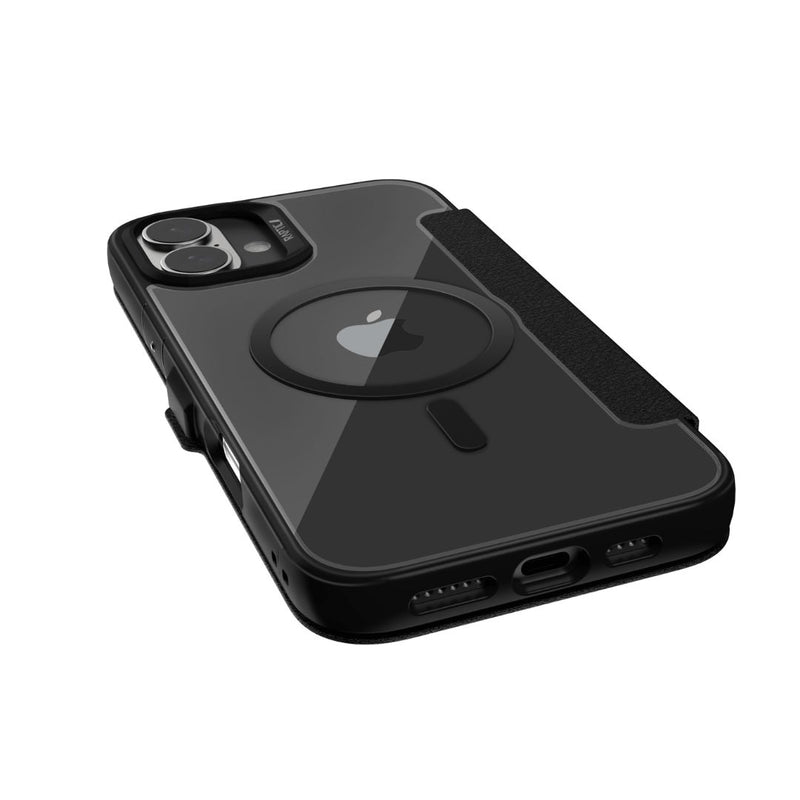 The black iPhone 16 Wallet Case - Urban Folio by Raptic features a circular kickstand, camera cutouts, and precise openings for charging and speakers, seamlessly incorporating MagSafe technology.