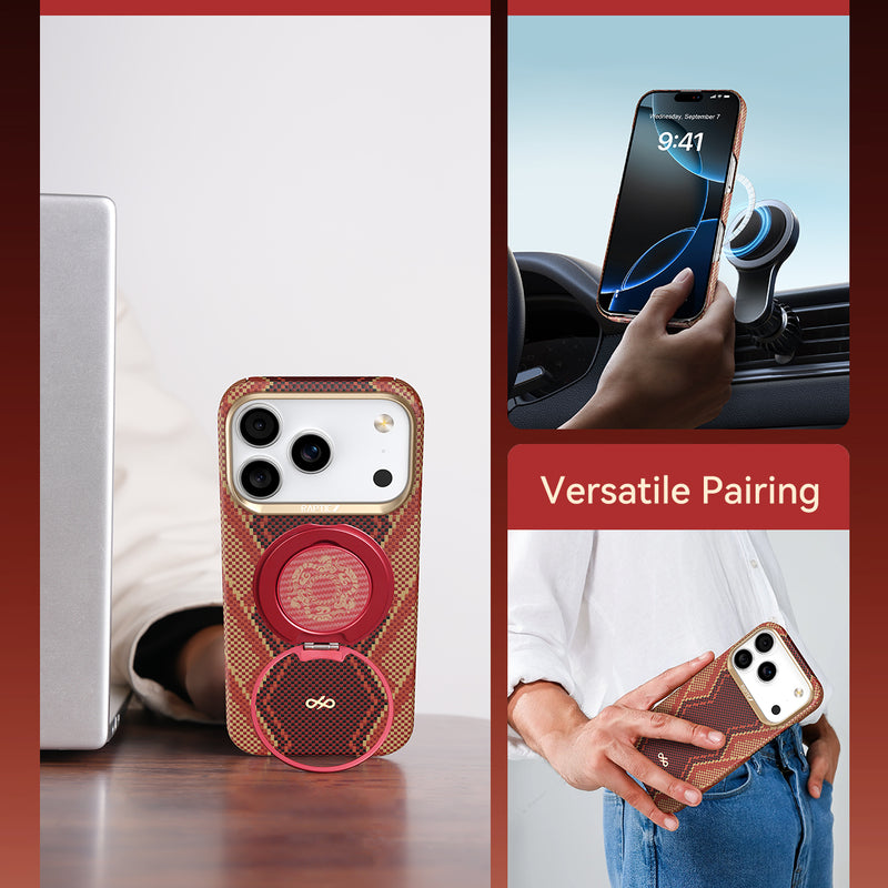 Collage of the Raptic iPhone 17 Aramid Fibre Case - Raptic Skin-Origin: features MagSafe compatibility, patterned design, military-grade protection, shown in use while typing on a laptop, mounted in a car, and clipped to a pocket for versatile everyday use.