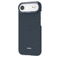 The Raptic Skin-Origin iPhone 17 Aramid Fibre Case features a blue and black geometric pattern, raised camera protector, MagSafe compatibility, and a small white logo near the bottom.