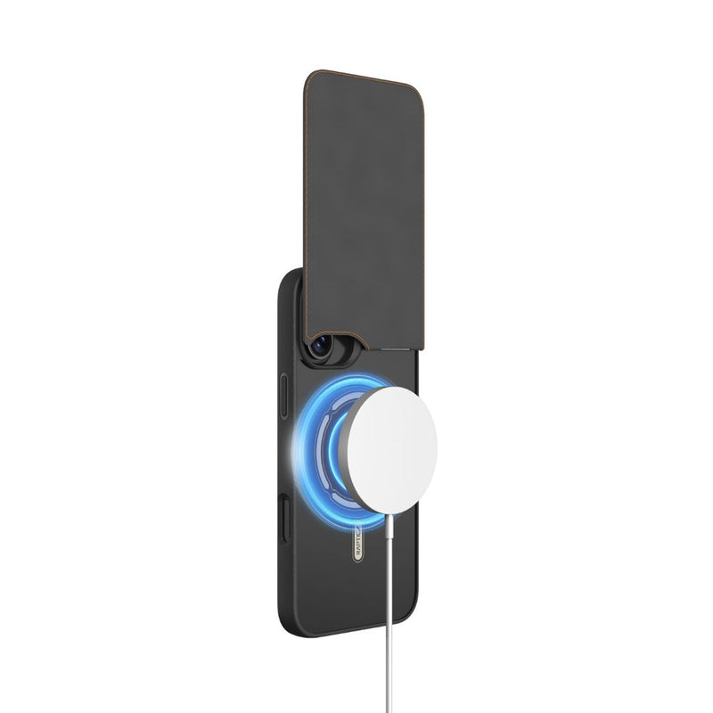 A black iPhone 16 protected by a Raptic iPhone 16 Wallet Kickstand Case - Slim Wallet is wirelessly charging on a round white MagSafe compatible pad adorned with a glowing blue ring.