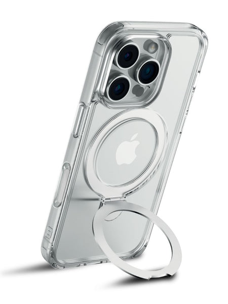 A clear phone case with MagSafe compatibility, featuring a circular magnetic ring holder, reveals the iPhone's camera lenses and Apple logo—introducing the iPhone 16 Clear Kickstand Case - Air Stand by Raptic.