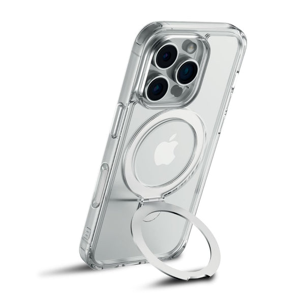 A clear phone case with MagSafe compatibility, featuring a circular magnetic ring holder, reveals the iPhone's camera lenses and Apple logo—introducing the iPhone 16 Clear Kickstand Case - Air Stand by Raptic.