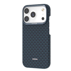 A blue and black checkered Raptic Skin-Origin Aramid Fibre Case for iPhone 17, featuring ultra-light military-grade protection and 