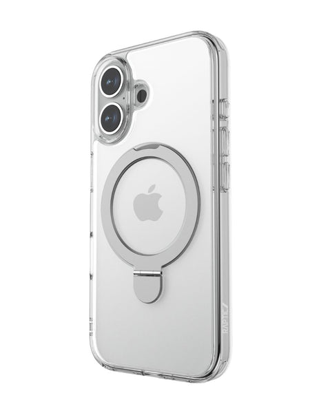 iPhone 16 Clear Kickstand Case - Air Stand by Raptic, featuring a silver ring holder and kickstand, showcases the back of an iPhone 16 with dual camera lenses.