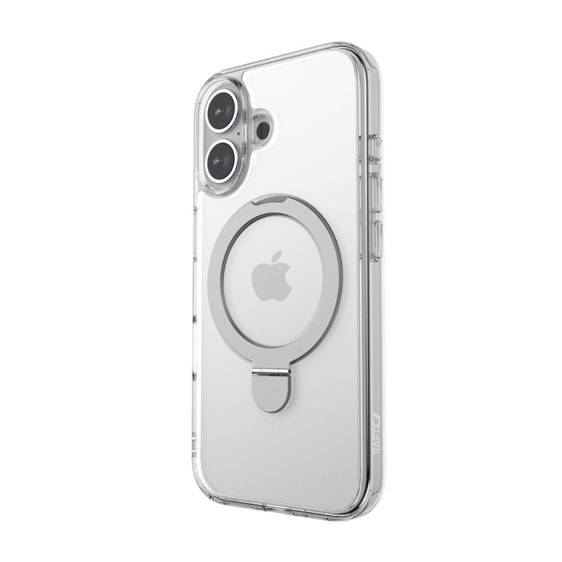 iPhone 16 Clear Kickstand Case - Air Stand by Raptic, featuring a silver ring holder and kickstand, showcases the back of an iPhone 16 with dual camera lenses.