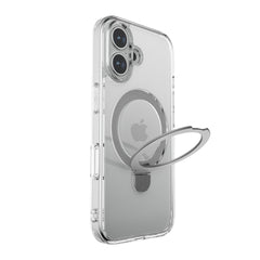 The Raptic iPhone 16 Clear Kickstand Case - Air Stand is displayed on a phone, showcasing its camera cutouts, MagSafe compatibility, and anti-yellow design. The case includes a built-in ring holder, a circular magnetic mount for accessories, and a convenient kickstand feature.