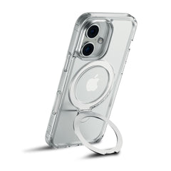 The Raptic iPhone 16 Clear Kickstand Case - Air Stand, featuring a circular magnetic attachment ring for MagSafe compatibility, is displayed standing upright.