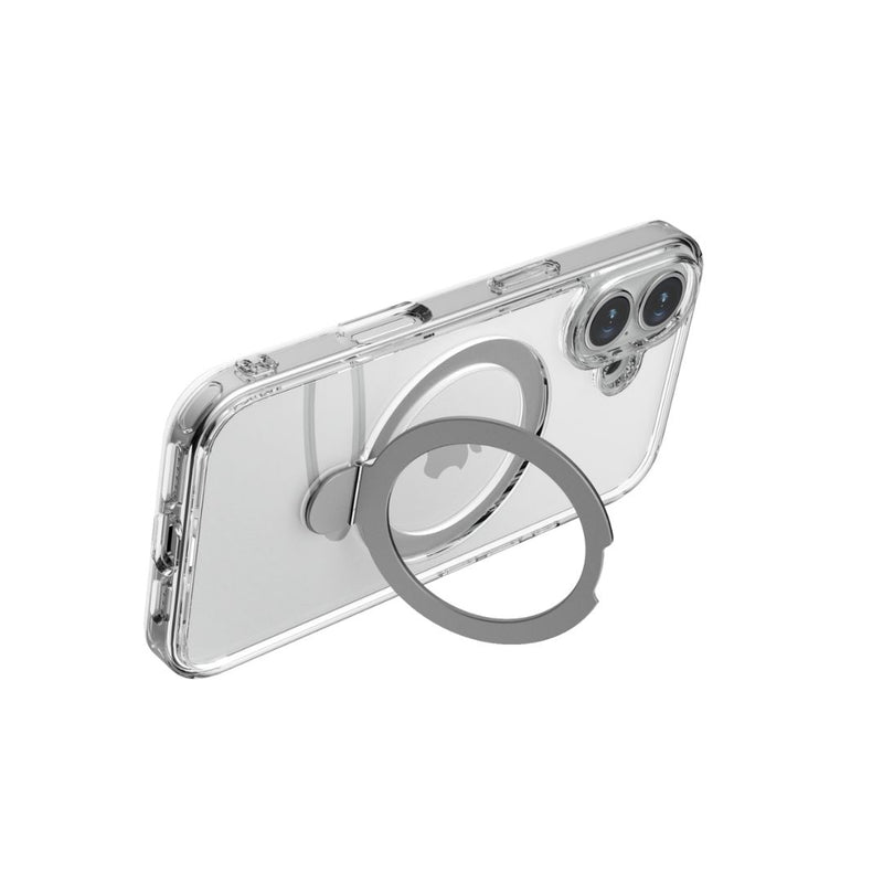 The Raptic iPhone 16 Clear Kickstand Case - Air Stand, featuring an attached ring holder, kickstand functionality, and MagSafe compatibility, is displayed against a white background.