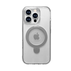 A smartphone encased in the Raptic iPhone 16 Clear Kickstand Case - Air Stand, featuring three camera lenses on the top left and an Apple logo in the center, along with a gray circular holder with a kickstand feature attached to the back.