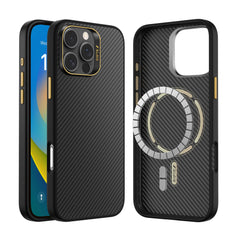 Two Raptic Aramid Fibre smartphone cases for iPhone 16 Pro and 16 Pro Max are shown, one displaying the back and the other the front. The back case features a textured aramid surface with gold accents, a ring holder, and MagSafe compatibility. The front shows the phone's screen.