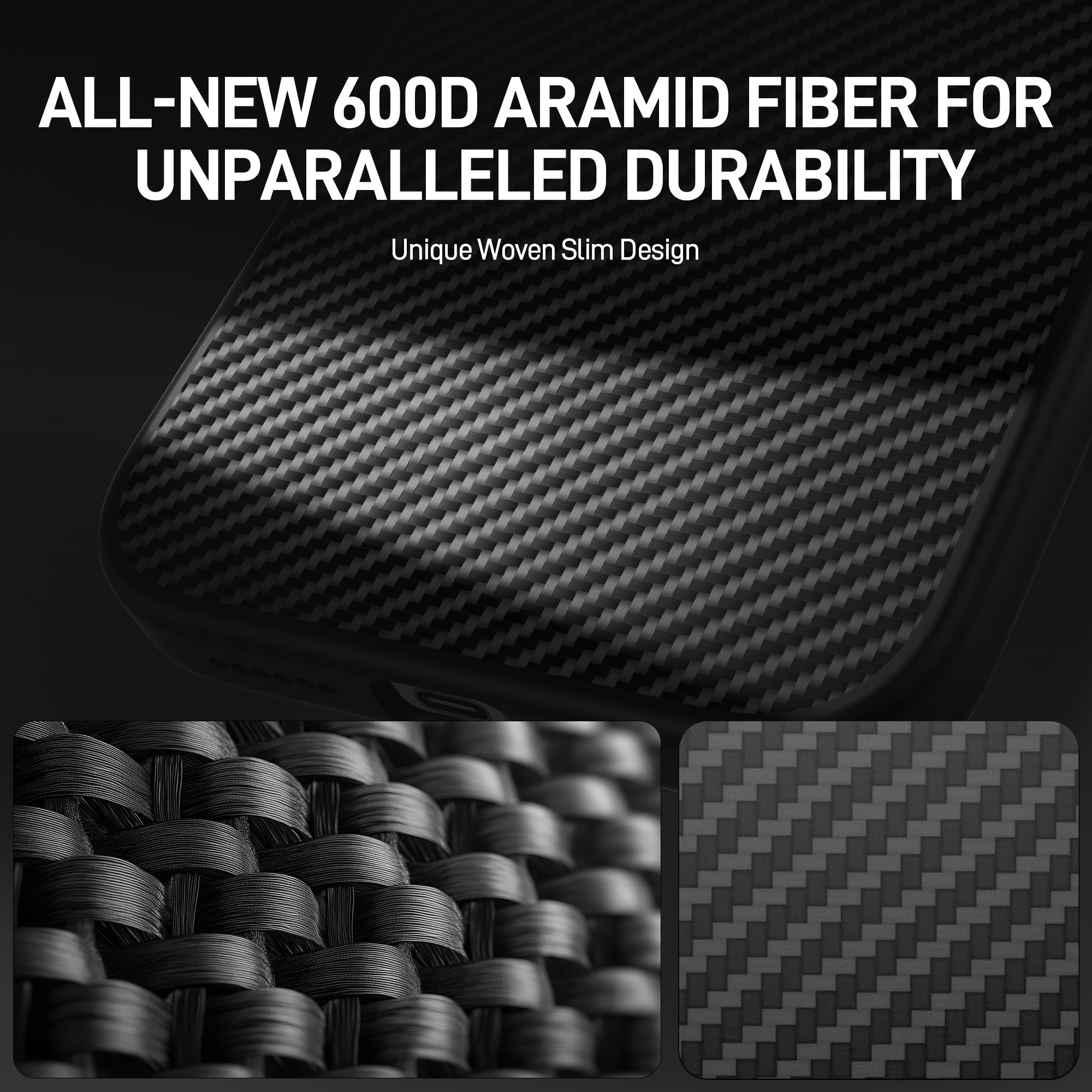 Image of a carbon fiber textured surface with text overlay: "Introducing the All-New Raptic Aramid Fibre Case for iPhone 16 Pro & 16 Pro Max - Unparalleled Durability. Unique Woven Slim Design." Close-ups of the woven pattern and MagSafe compatibility are shown below.