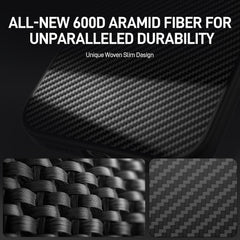 Close-up of a Raptic Samsung Galaxy S25 Ultra Aramid Case - Aramid 600D, featuring a woven slim design for durability and MagSafe compatibility.