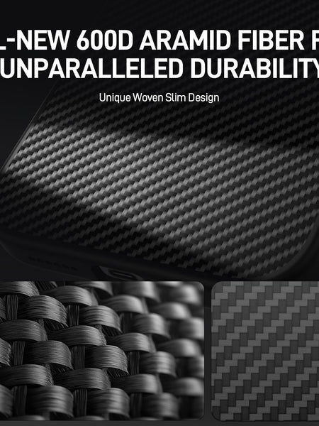 Close-up of a Raptic Samsung Galaxy S25 Ultra Aramid Case - Aramid 600D, featuring a woven slim design for durability and MagSafe compatibility.