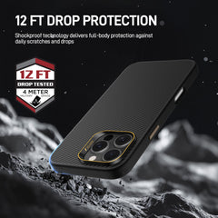 The Raptic Aramid Fibre for iPhone 16 Pro & 16 Pro Max is showcased on a rocky surface. It offers 12-foot drop protection, shockproof technology, and Military 600D Aramid Fibre for full-body protection against scratches and drops. MagSafe compatibility, text labels, and a phone are visible.