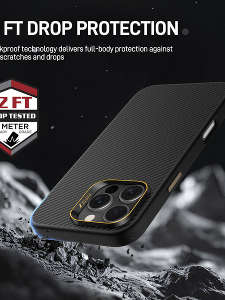 The Raptic iPhone 16 Pro & 16 Pro Max Aramid Case is shown on a rocky surface with 