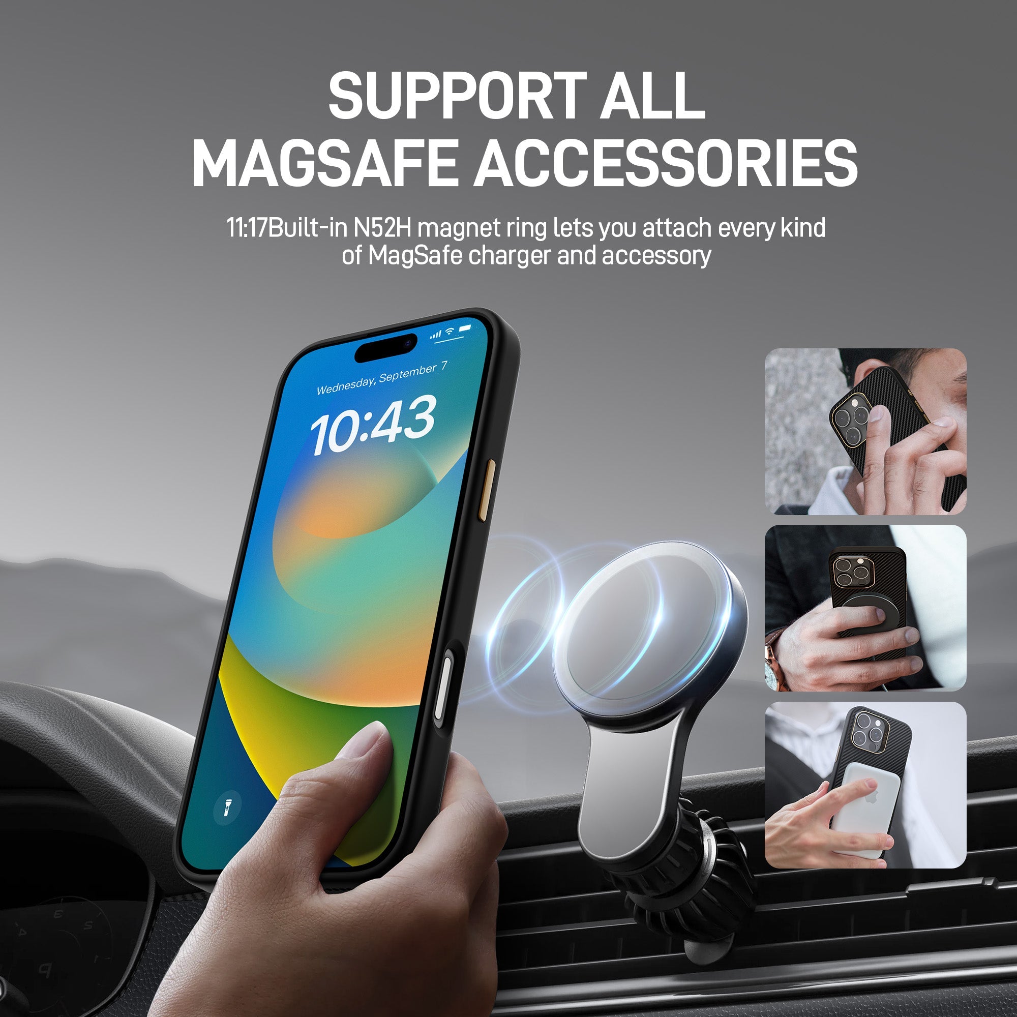 A person holds a Raptic Aramid Fibre for iPhone 16 Pro & 16 Pro Max, with a visible 10:43 AM screen. The text "Support All MagSafe Accessories" is displayed, showcasing various uses, including a Military 600D Aramid Fibre Case and a car mount. Experience enhanced durability and MagSafe compatibility for all your needs.