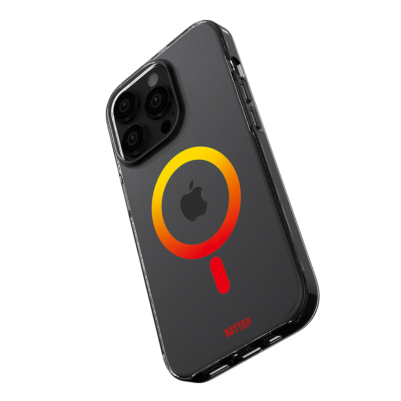 The back of a Bryten MagFx iPhone 15 Pro case with an orange and yellow Bryten logo, featuring wireless charging capabilities.