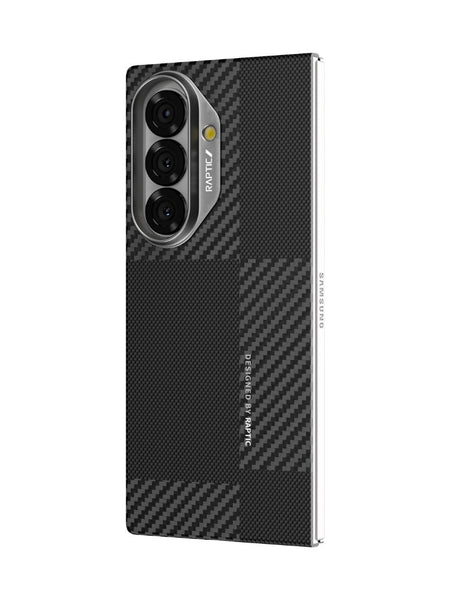The Raptic Galaxy Z Fold 7 Geotik - Aramid Fibre case is MagSafe compatible, features an aramid fiber texture, three vertically aligned rear cameras, and a 