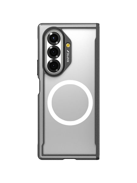 The Raptic SHIELD Black case for Samsung Galaxy Z Fold 7 features military-grade drop protection, a gray border, triple camera cutout, and a white MagSafe-compatible ring on the back.