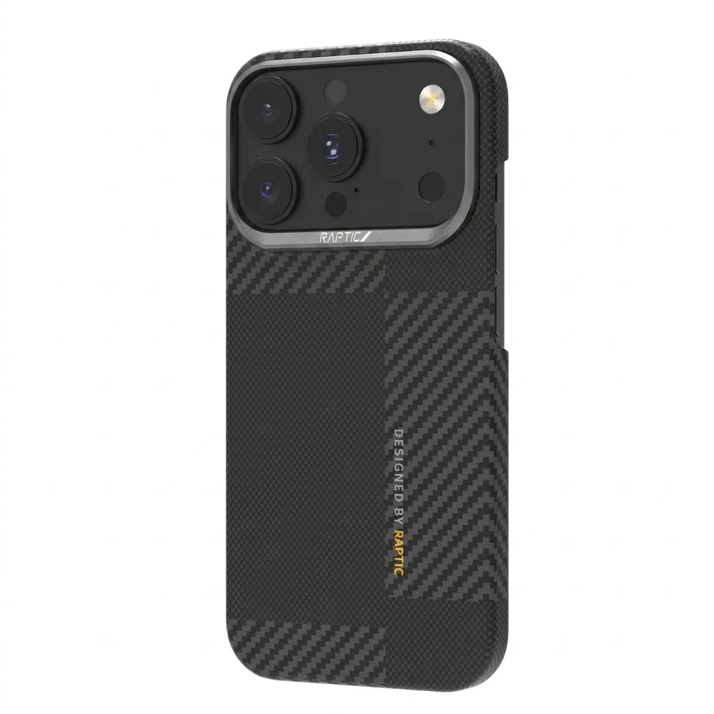 Sure! Here’s the rewritten sentence using your product data: The Raptic Geotik Aramid Geotik case for iPhone 18 Pro/18 Pro Max features a carbon fiber pattern, is MagSafe-compatible, offers dependable military-grade protection with “Designed by Raptic” printed on the back, and perfectly fits your black smartphone with its triple rear camera setup.