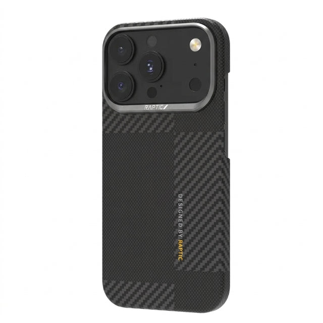 Sure! Here’s the rewritten sentence using your product data: The Raptic Geotik Aramid Geotik case for iPhone 18 Pro/18 Pro Max features a carbon fiber pattern, is MagSafe-compatible, offers dependable military-grade protection with “Designed by Raptic” printed on the back, and perfectly fits your black smartphone with its triple rear camera setup.