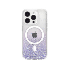 A purple glitter case with MagSafe for the iPhone 15 Starburst Glitter MagSafe Case - Bryten by Raptic, allowing for wireless charging.