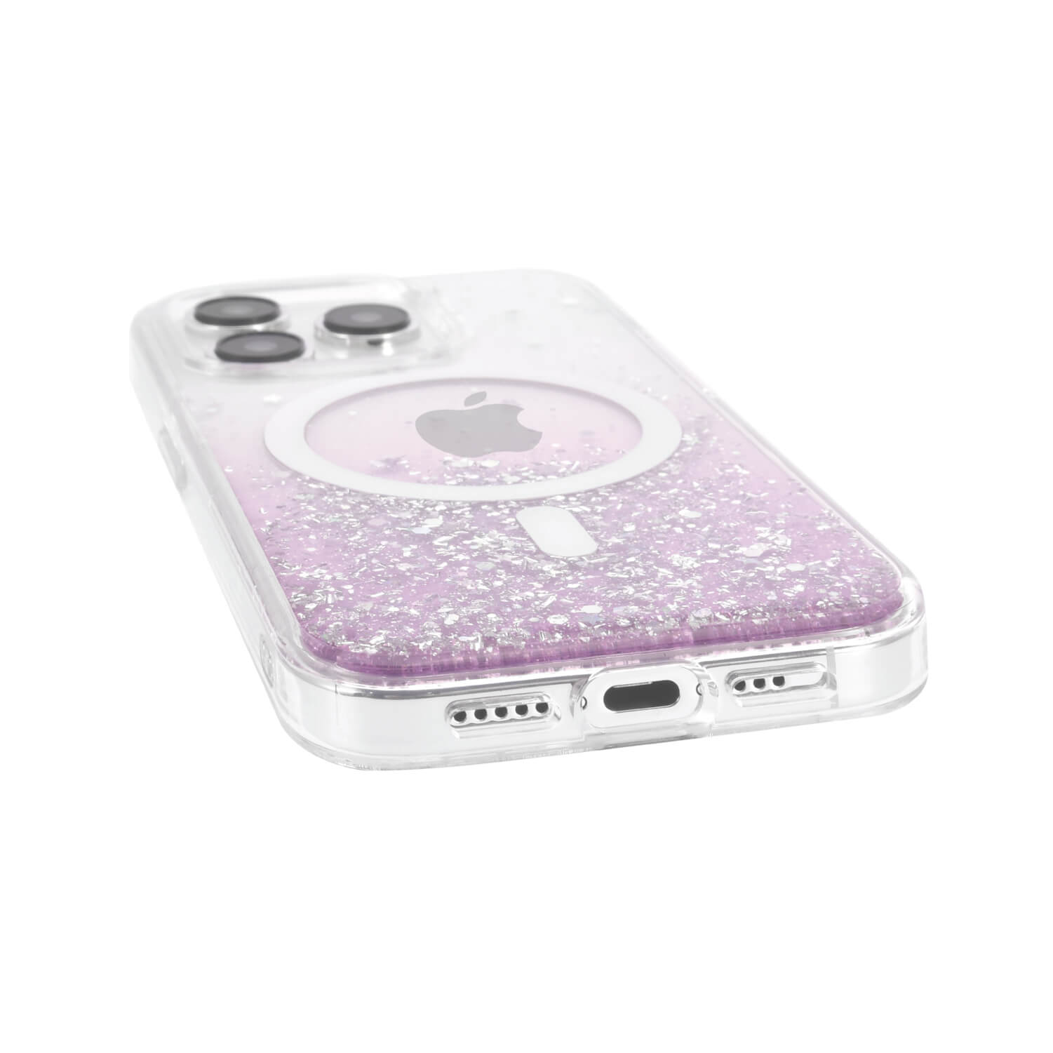 An iPhone 15 Starburst Glitter MagSafe Case - Bryten by Raptic with a purple glitter cover featuring MagSafe technology.