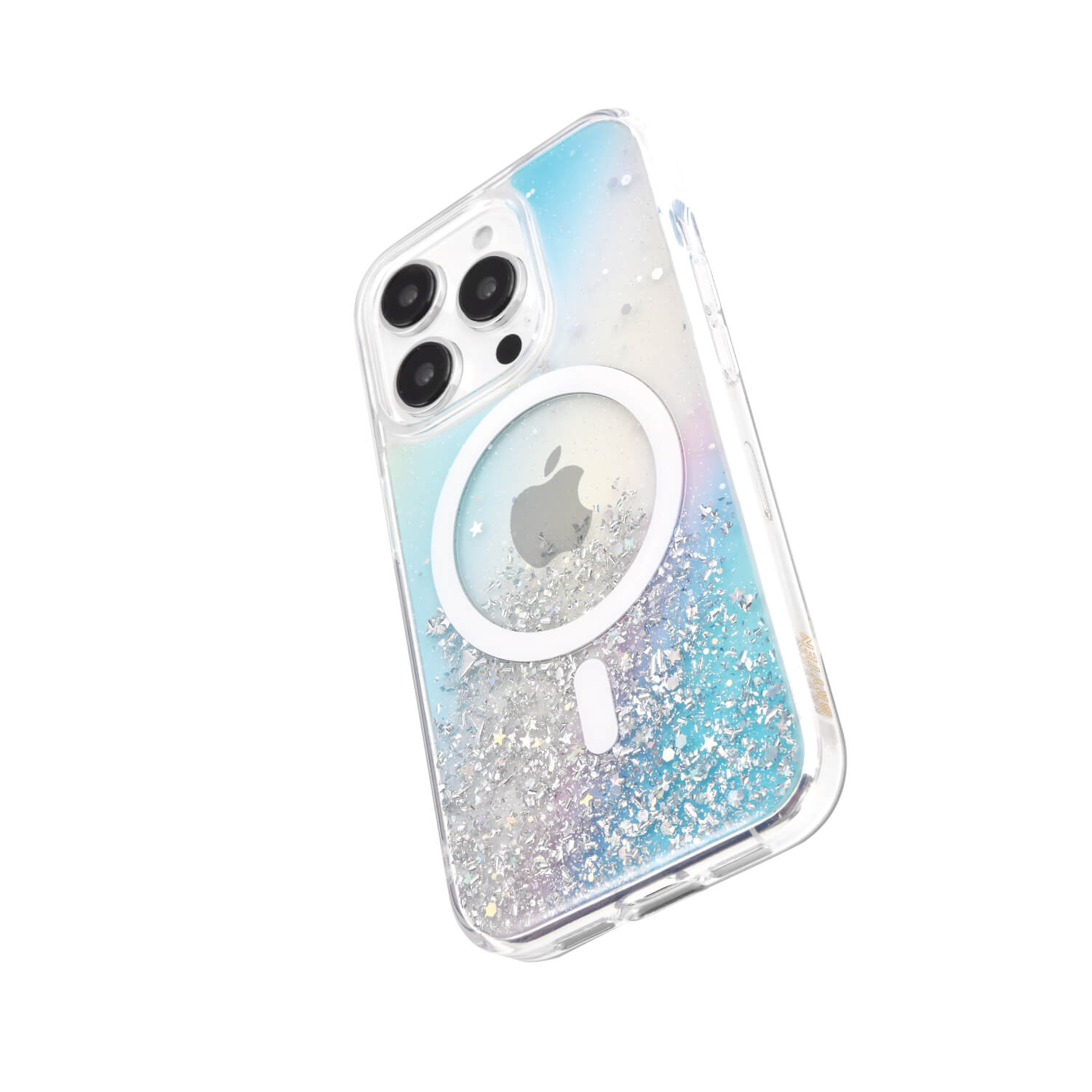 A sparkly glitter cover adorns this clear iPhone 15 Starburst Glitter MagSafe Case - Bryten by Raptic.