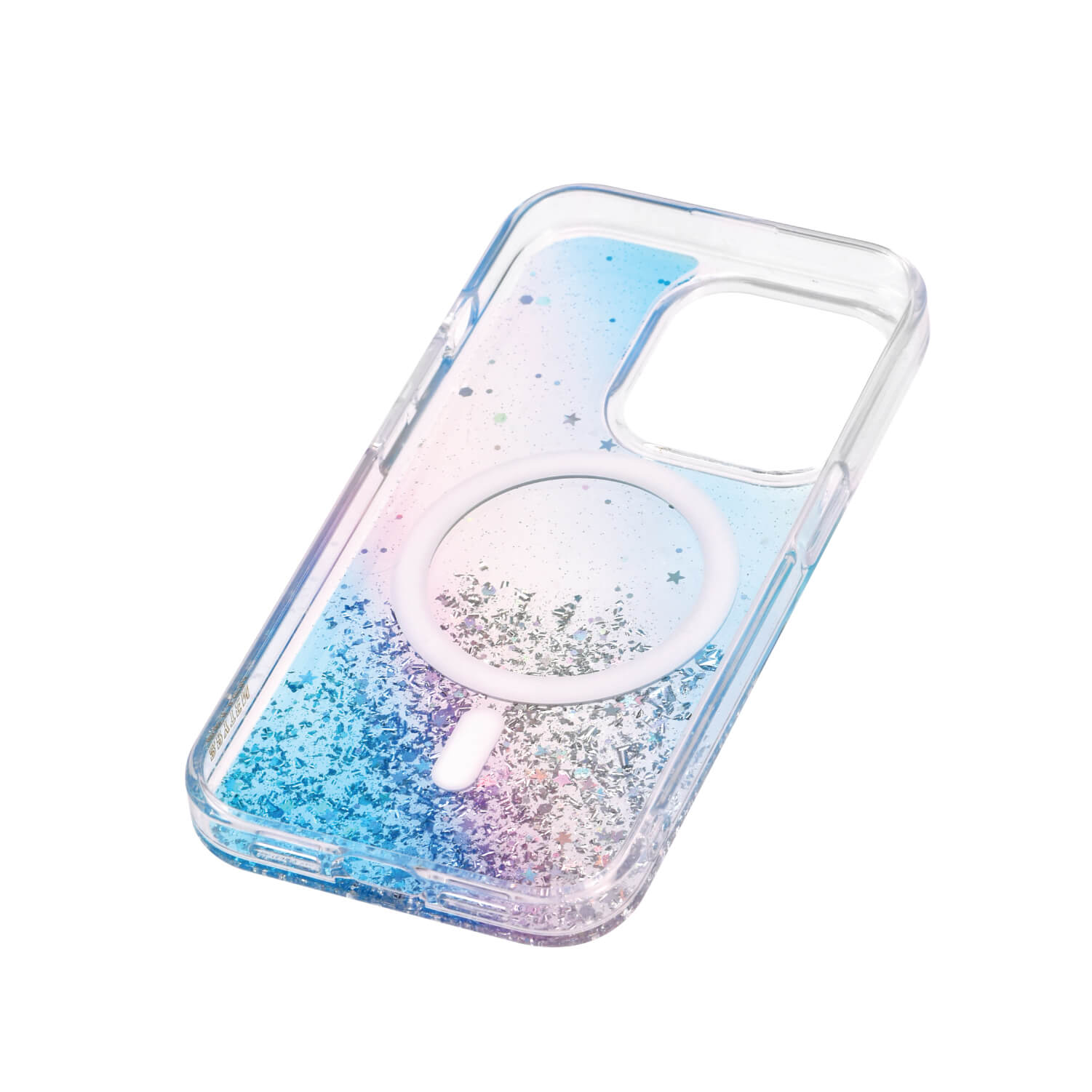 A Raptic MagSafe iPhone 15 Starburst Glitter case, perfect for wireless charging.