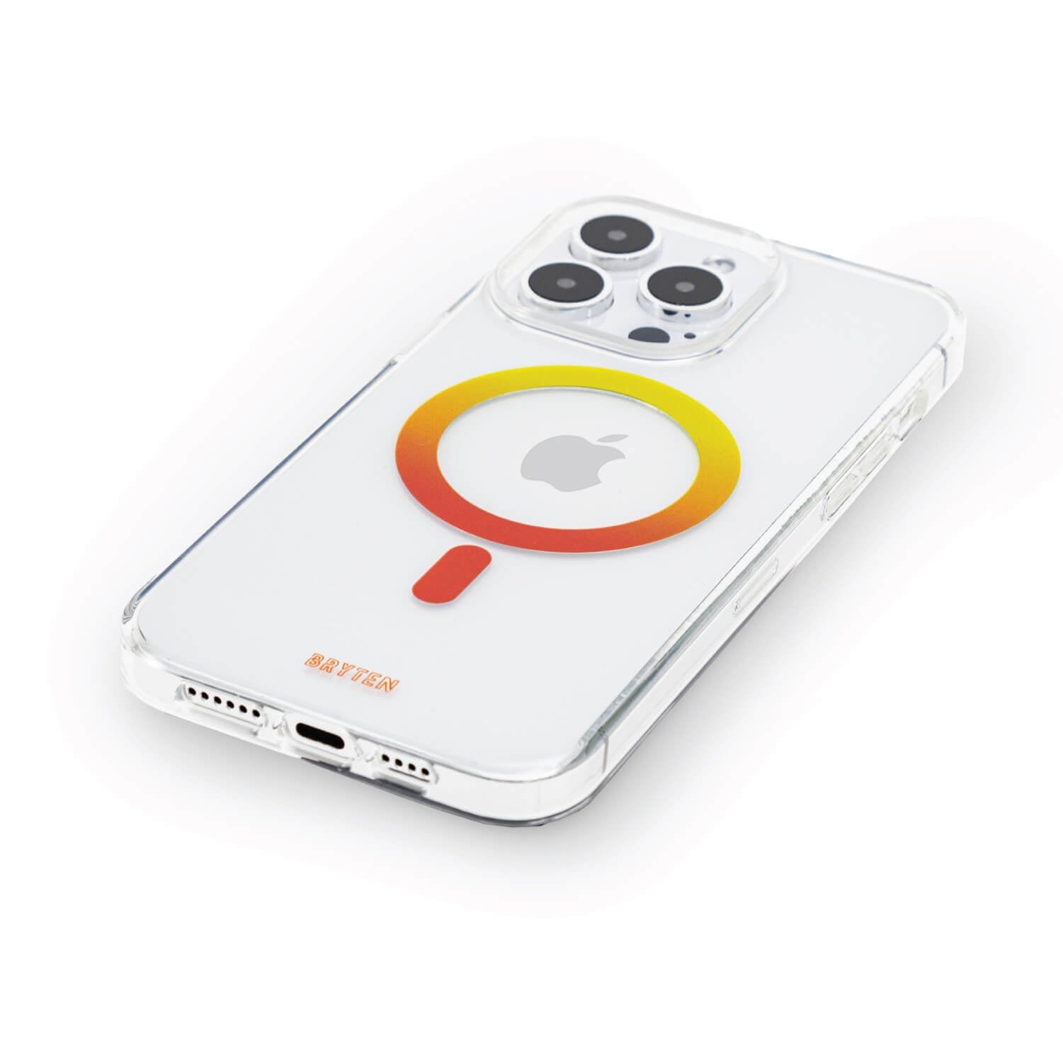 The iPhone 15 MagFx MagSafe Case - Bryten by Raptic features a Bryten rainbow colored button.