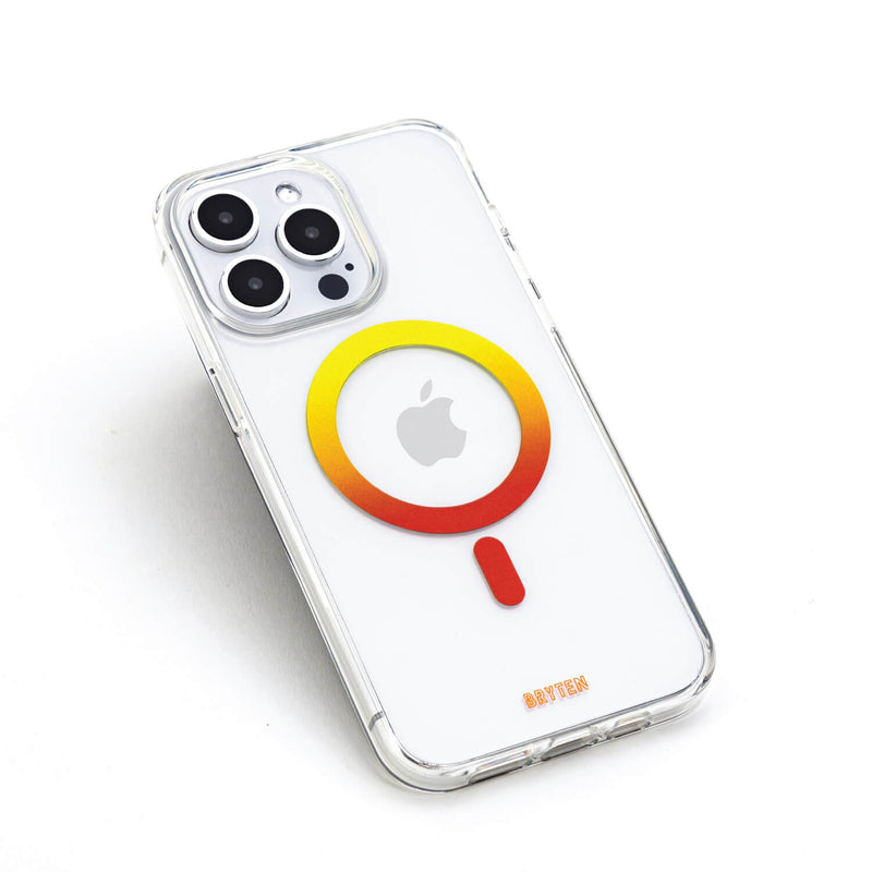 A clear case with a magnifying glass on it perfect for iPhone 15 MagFx MagSafe Case - Bryten by Raptic charger.