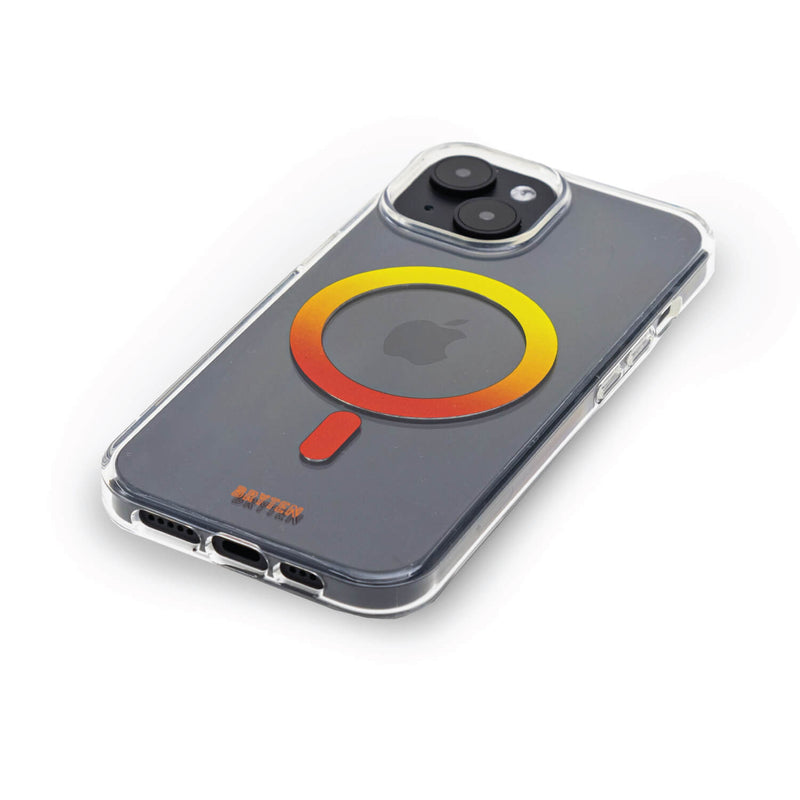 A clear iPhone 15 MagFx MagSafe case with a Bryten logo on it.