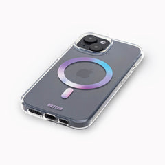 The back of an iPhone 15 MagFx MagSafe Case - Bryten by Raptic with a rainbow colored MagSafe button.