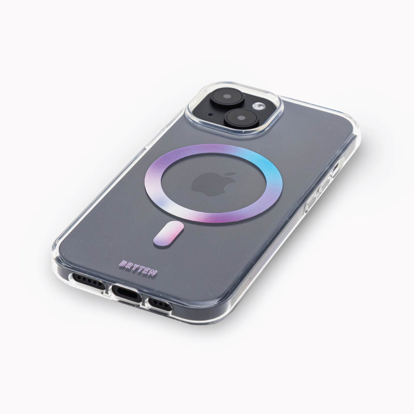 The back of an iPhone 15 MagFx MagSafe Case - Bryten by Raptic with a rainbow colored MagSafe button.