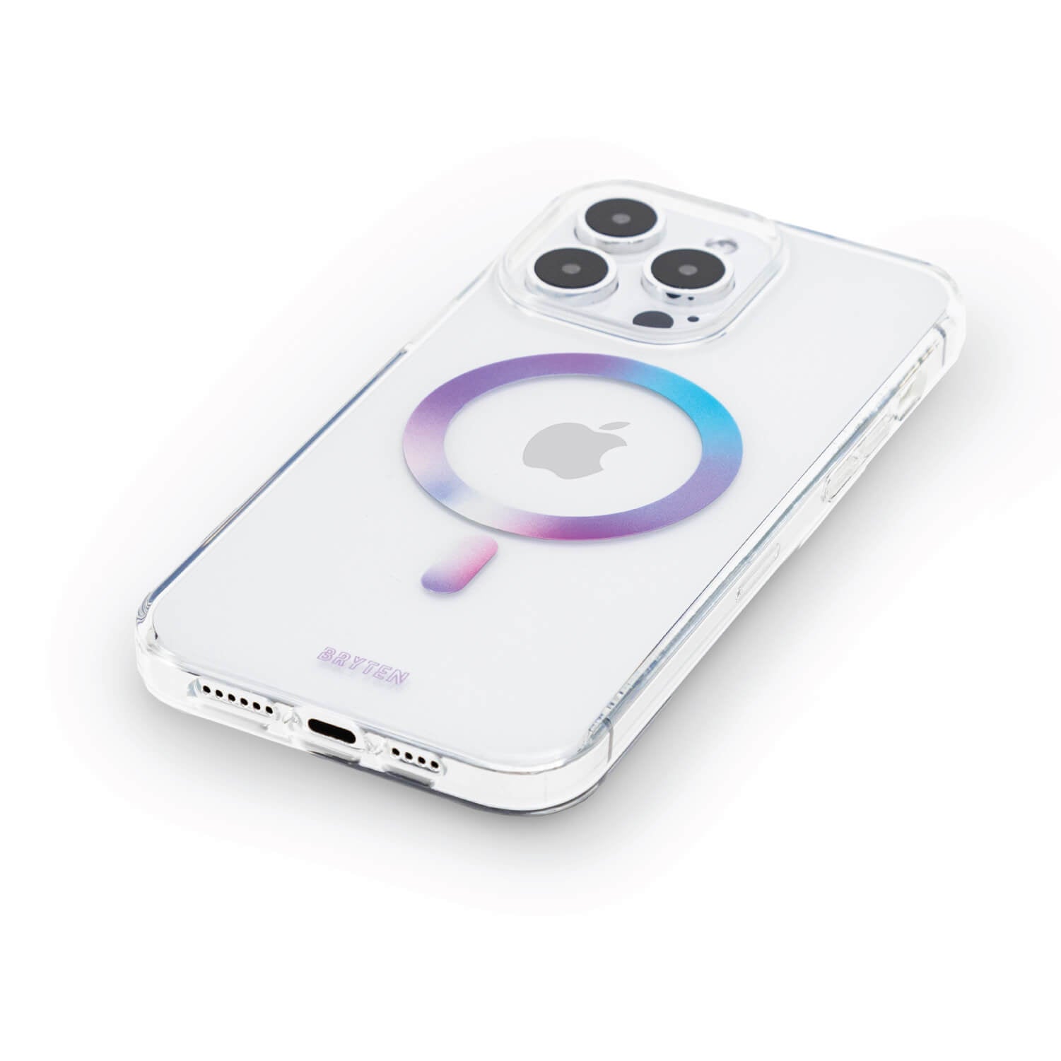 A clear Bryten case with a rainbow colored logo on it, designed for wireless charging compatibility with MagFx and MagSafe charger.