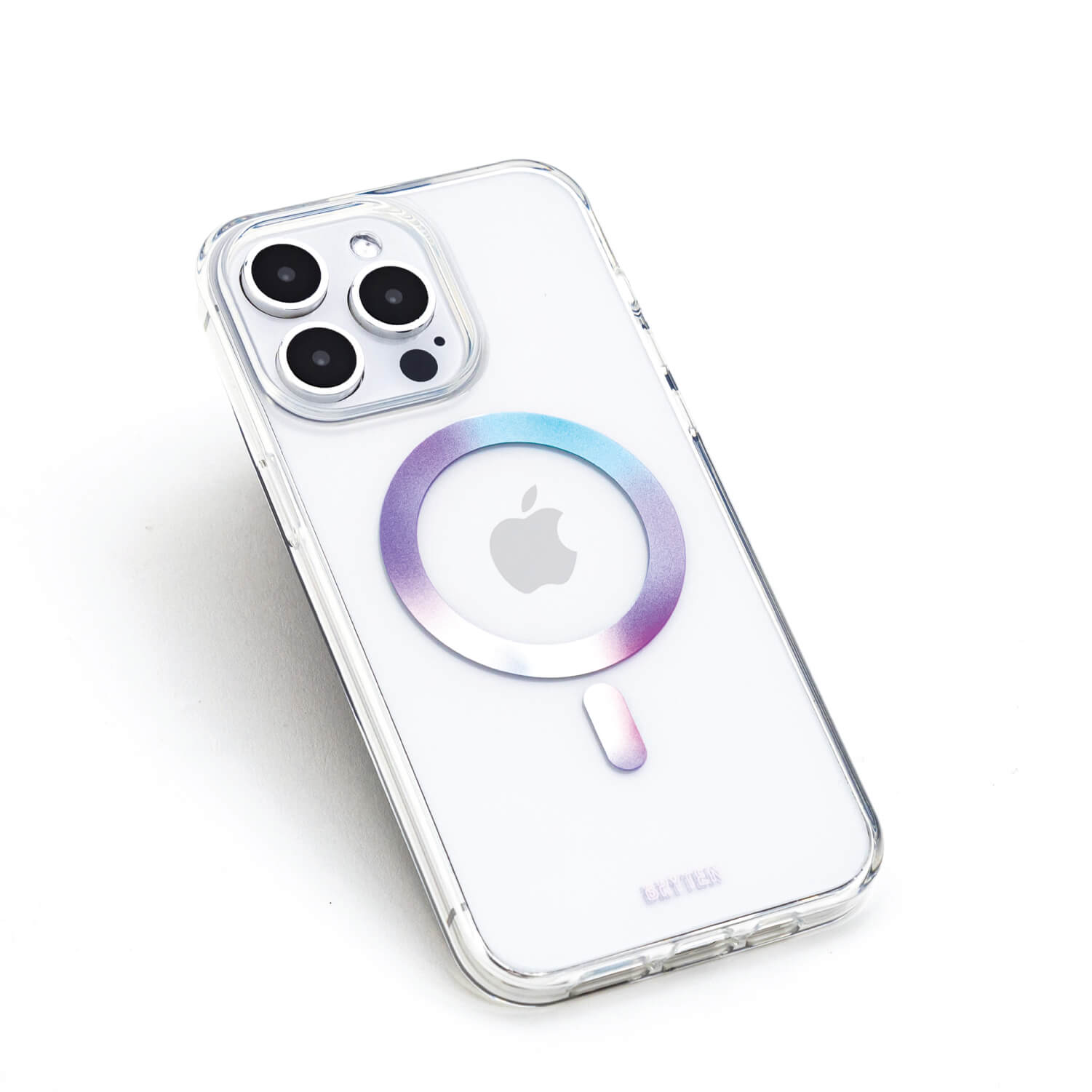 A clear iPhone 15 MagFx MagSafe Case - Bryten by Raptic with a rainbow ring on it, offering wireless charging functionality and antimicrobial protection.
