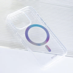 A clear iPhone 15 MagFx MagSafe Case featuring a magnifying glass and Bryten charger compatibility.